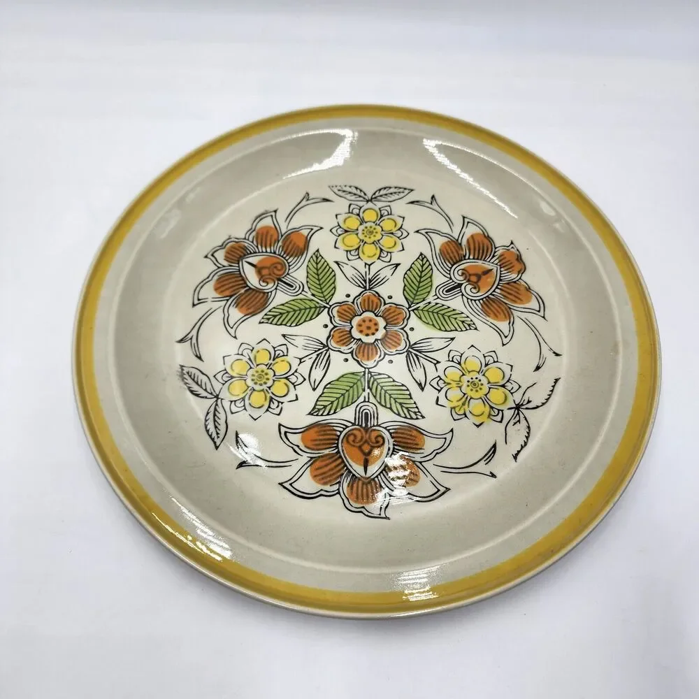 Vintage 70s Quasar Stoneware MCM Flowers Orange Brow Flowers Retro Round Platter